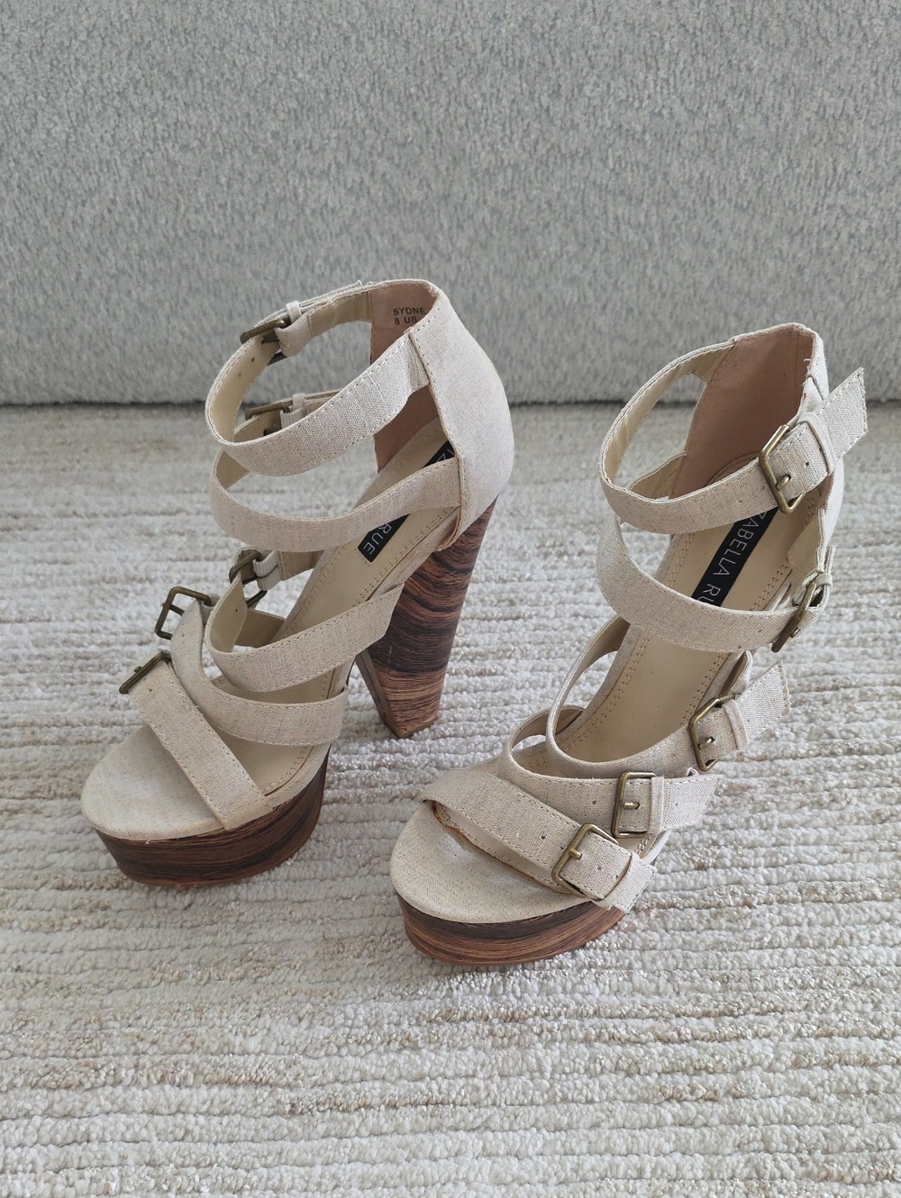 Izabella Rue Cream Linen Strappy Platform Wooden Block Heels
